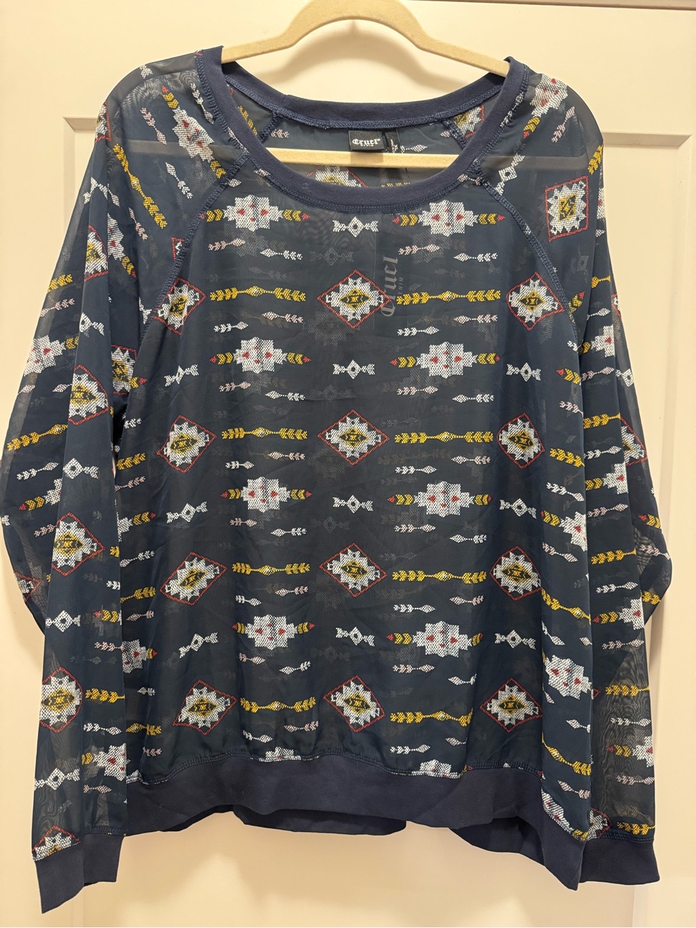 🆕 Cruel Denim Boho Women's Sheer Navy Aztec Print Scoop Neck Top. XL. NWT!🔥🔥